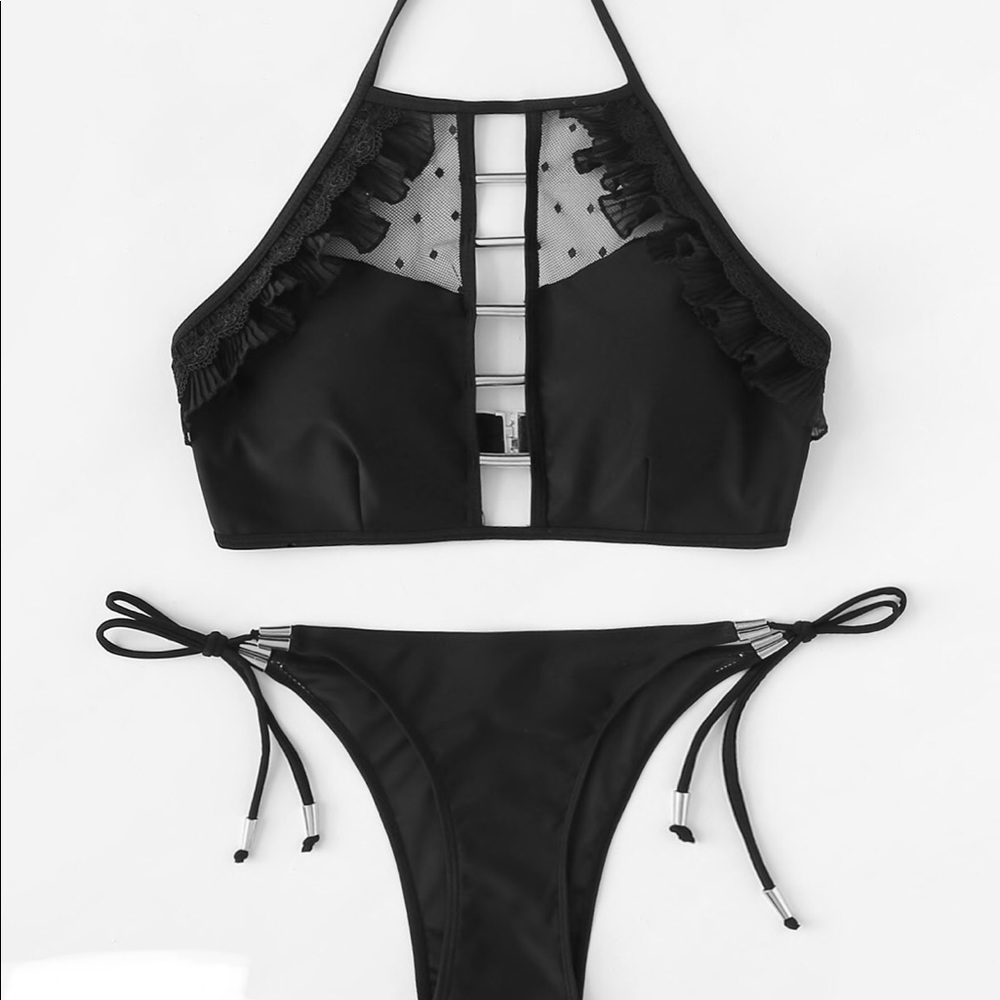 β€οΈ NEW Black Tie Side Contrast Mesh Bikini Set - Picture 1 of 6